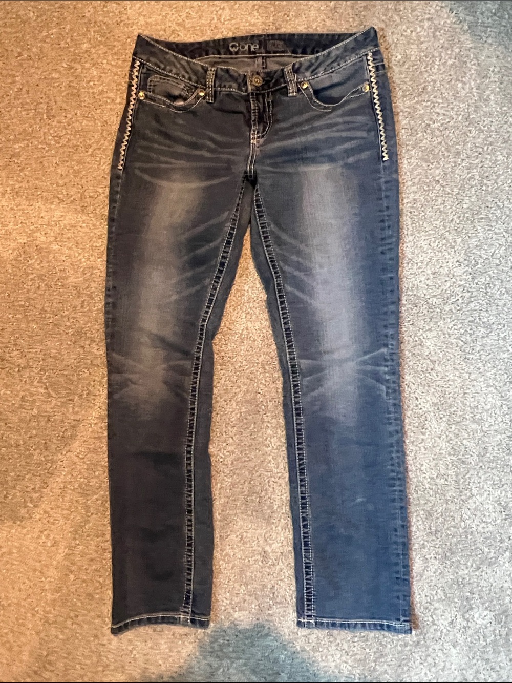 Warehouse One Women's Straight Leg Mid-Blue Jeans with Subtle Fading